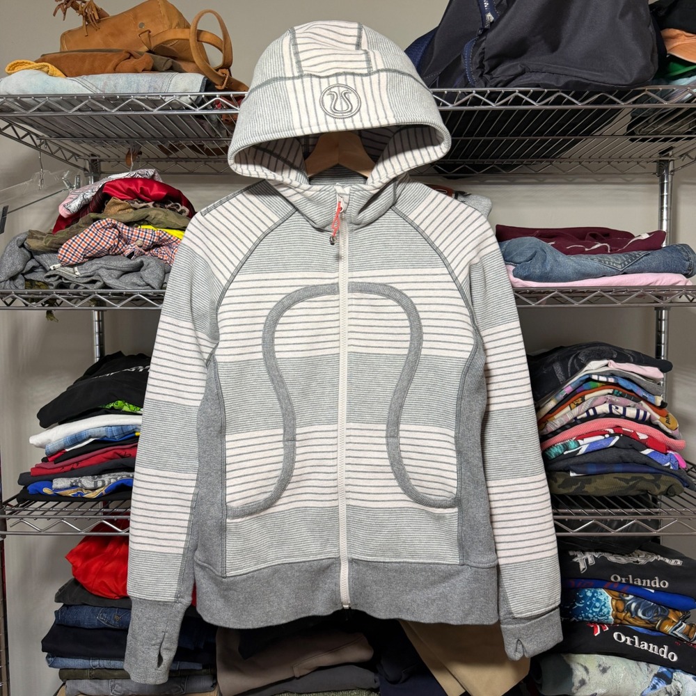 Lululemon Scuba Hoodie Womens 8 Gray White Striped Full Zip Thumbholes Fleece